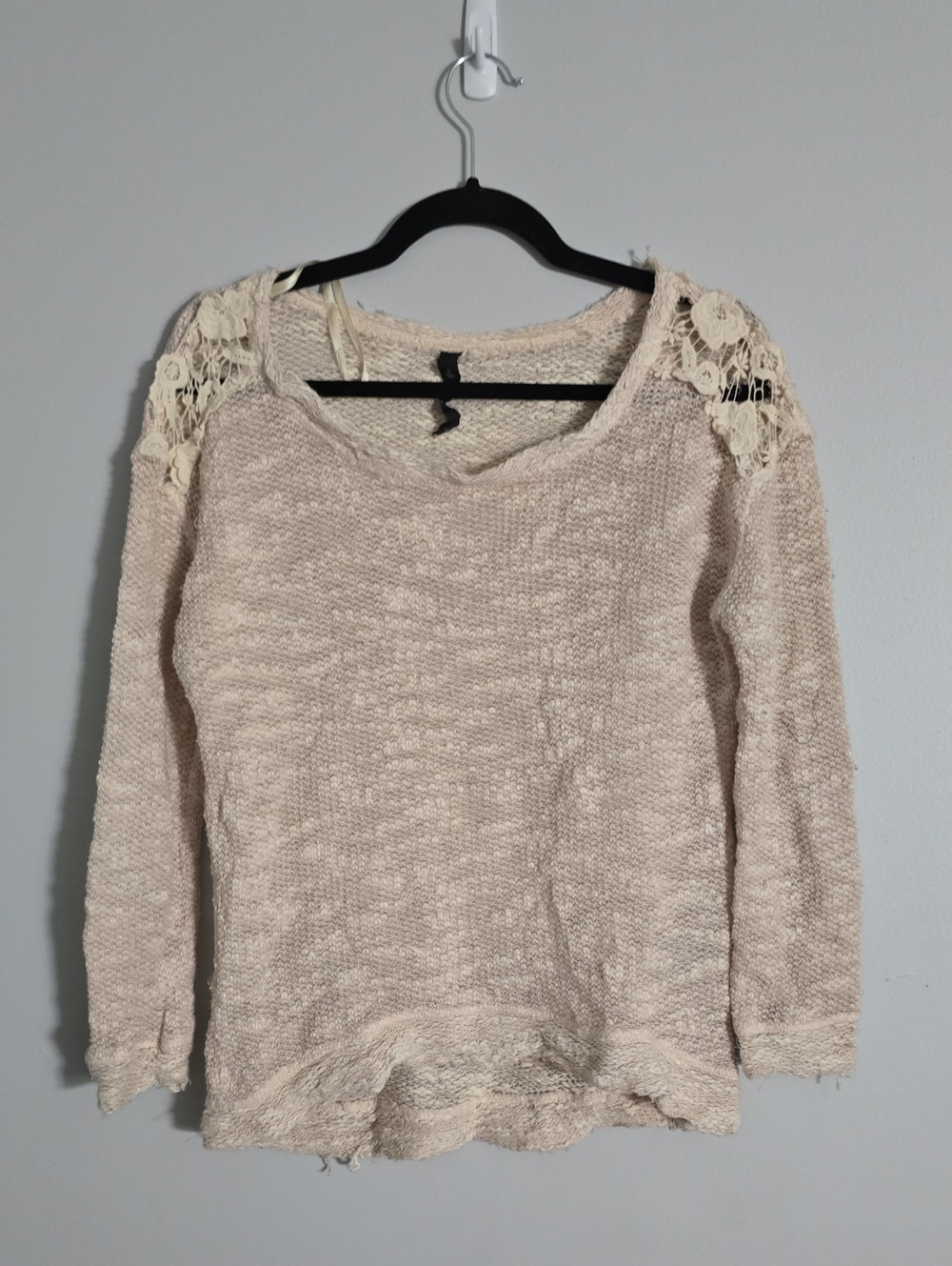 Jessica Simpson Cream Knit Long Sleeve Top with Lace Shoulders